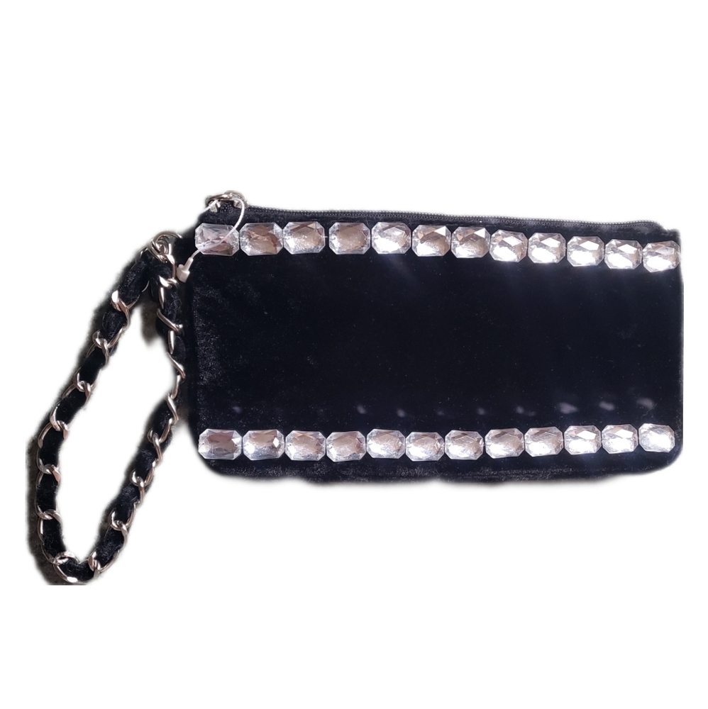 New York & Company velvet rhinetone trimmed chain wristlet clutch